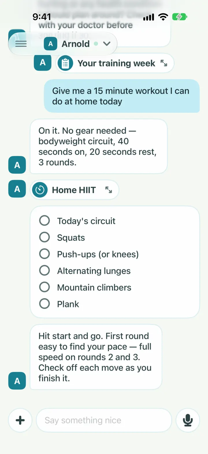 Arnold answers a request for a 15 minute home workout with a work and rest timer and a checklist of rounds