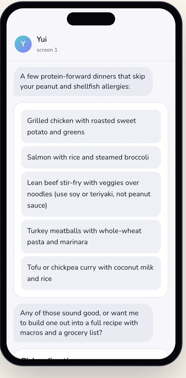 After: the same answer as a line, a list of five dinners, and a question