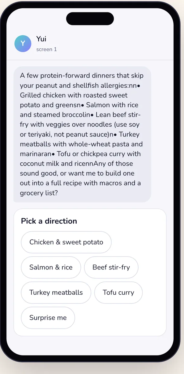 Before: Basil's dinner list as one bubble, 'allergies:nn• Grilled chicken with roasted sweet potato and greensn• Salmon...'