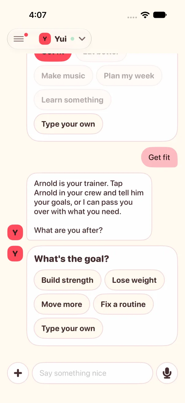 After: hosted Yui answers 'Arnold is your trainer. Tap Arnold in your crew', no dash, and asks what the goal is