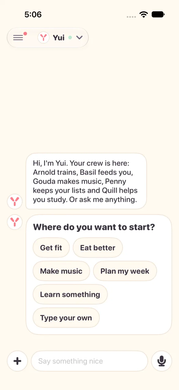 Yui says hi and asks where you want to start, with five buttons