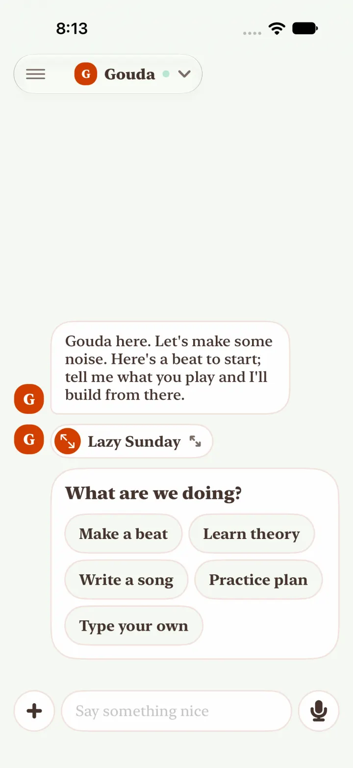 Gouda's thread: its hello, a Lazy Sunday beat and a What are we doing? pick with Make a beat, Learn theory, Write a song, Practice plan.