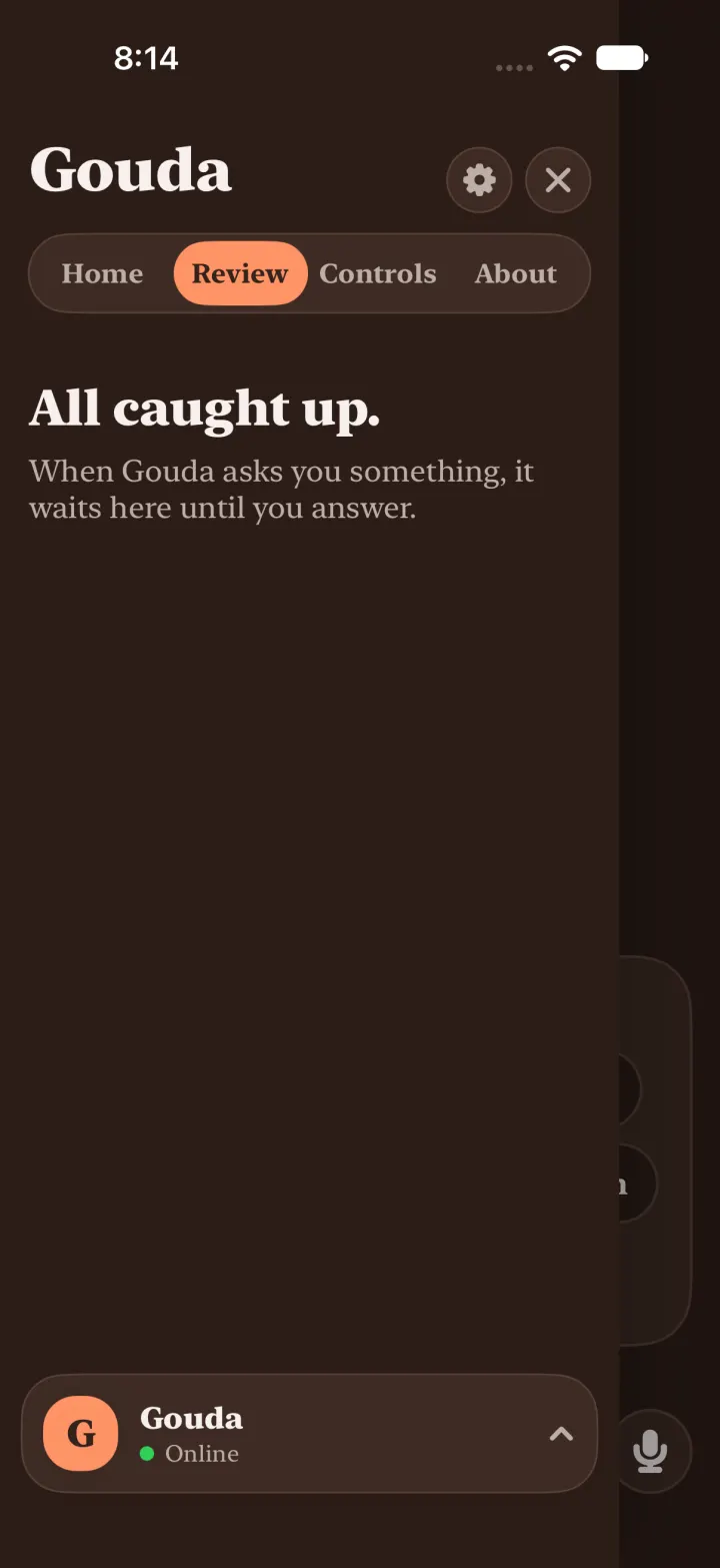 Dark mode: Gouda's drawer on the Review tab, no badge, reading All caught up.