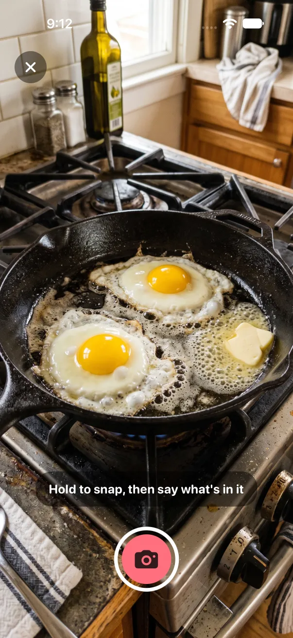 Snap and say: the camera fills the screen over a pan of two fried eggs, one big coral button at the bottom and the line Hold to snap, then say what's in it.