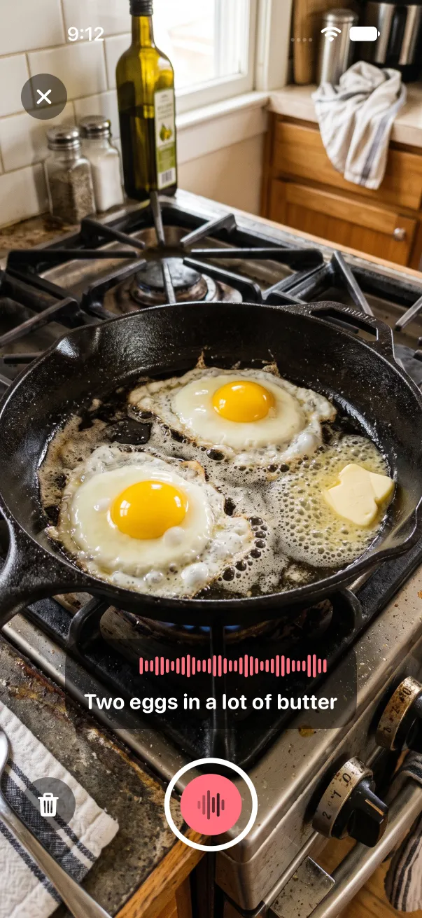 Snap and say: the photo frozen under a coral waveform and the words Two eggs in a lot of butter
