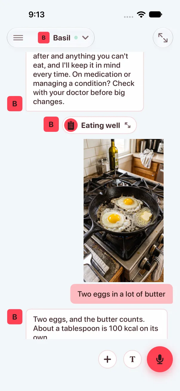 Basil's thread: the eggs photo and the caption Two eggs in a lot of butter as one message, with Basil's reply under it.