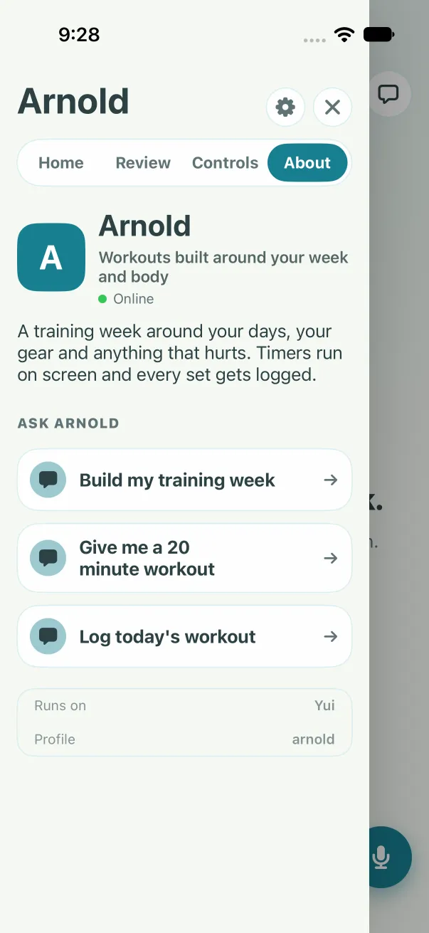 Arnold's About in the drawer: Workouts built around your week and body, two sentences on what he does, and three rows to ask him, Build my training week first.