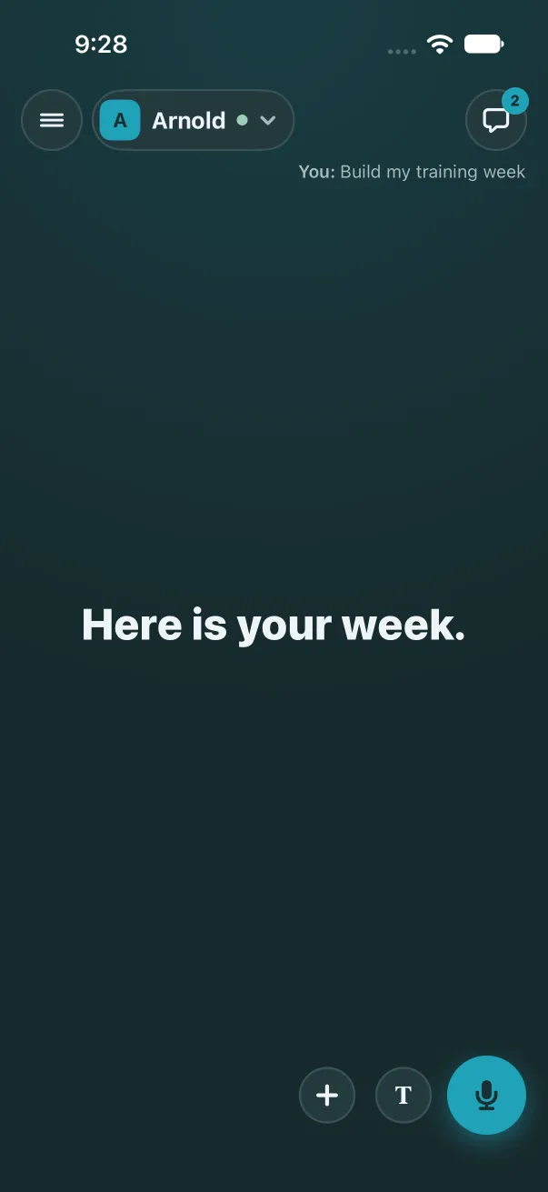 After tapping Build my training week on About: the stage shows You: Build my training week and Arnold's answer.