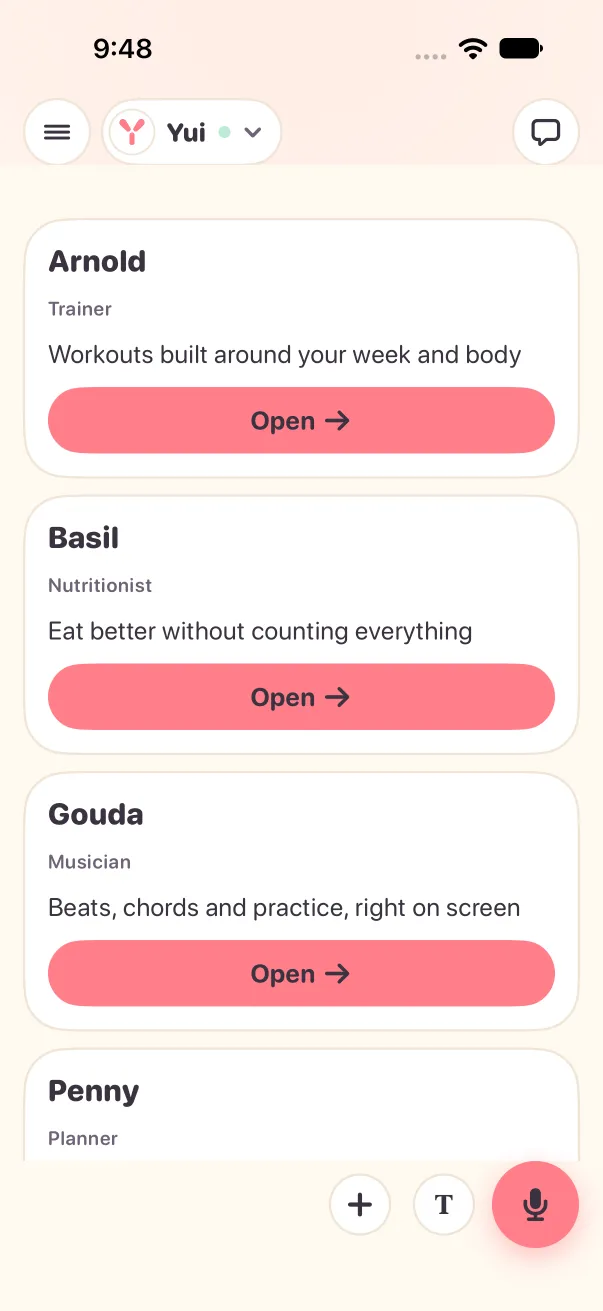 Yui's crew page: a card per agent with what it does and an Open button
