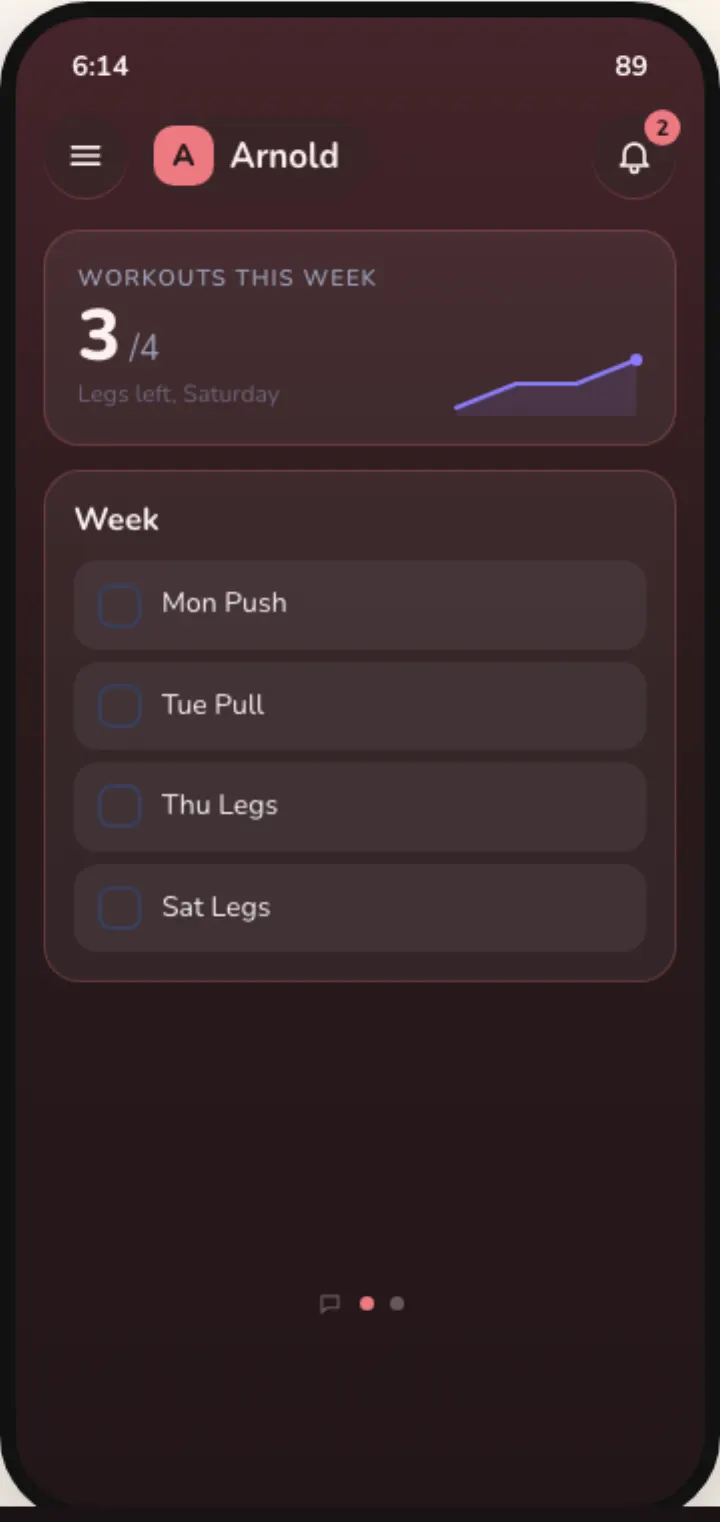 Dark mock of Arnold's screen 2, a swipe left: 3 of 4 workouts this week and the week to tick off