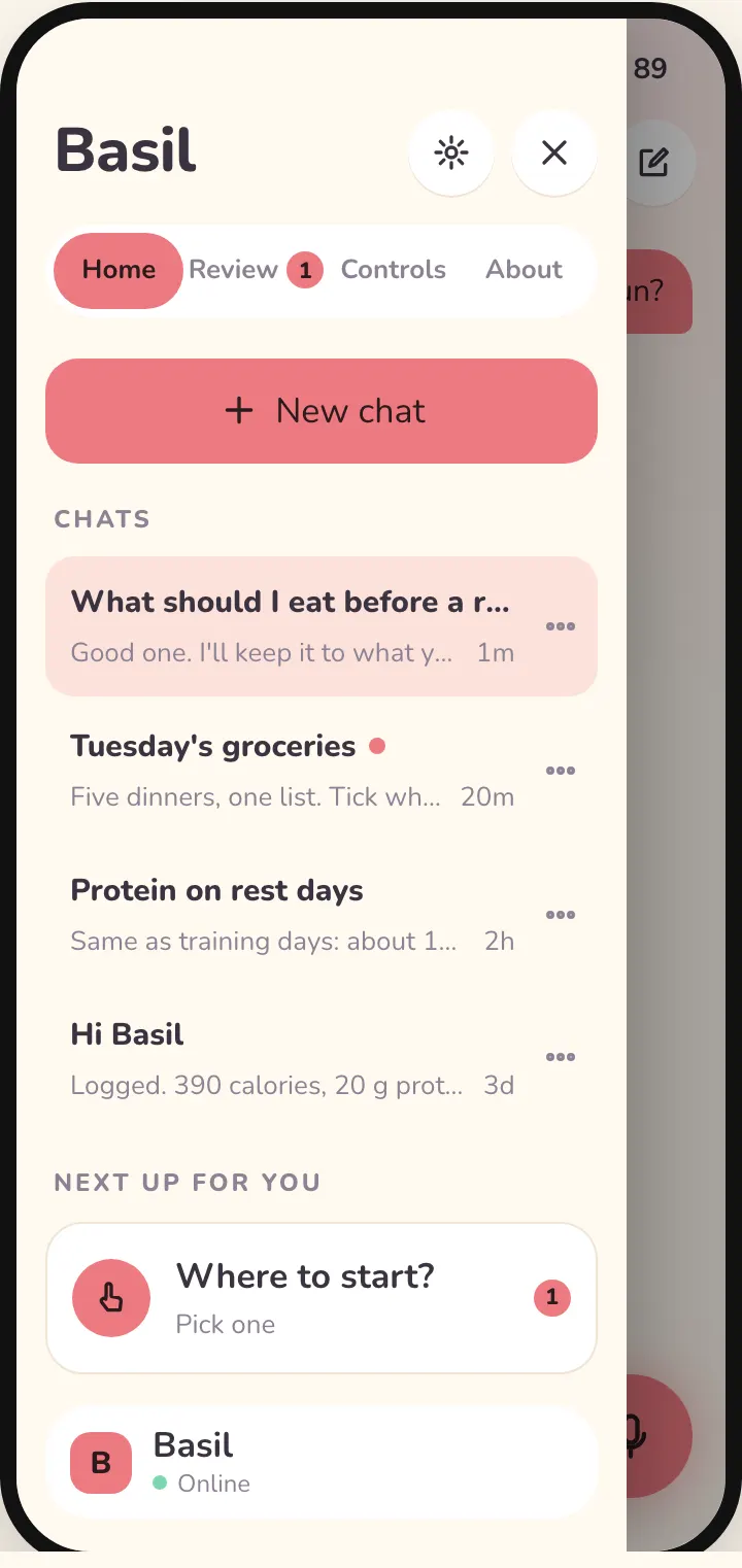 Light mock after a new chat: 'What should I eat before a run' sits on top of the chat list, highlighted as the open chat