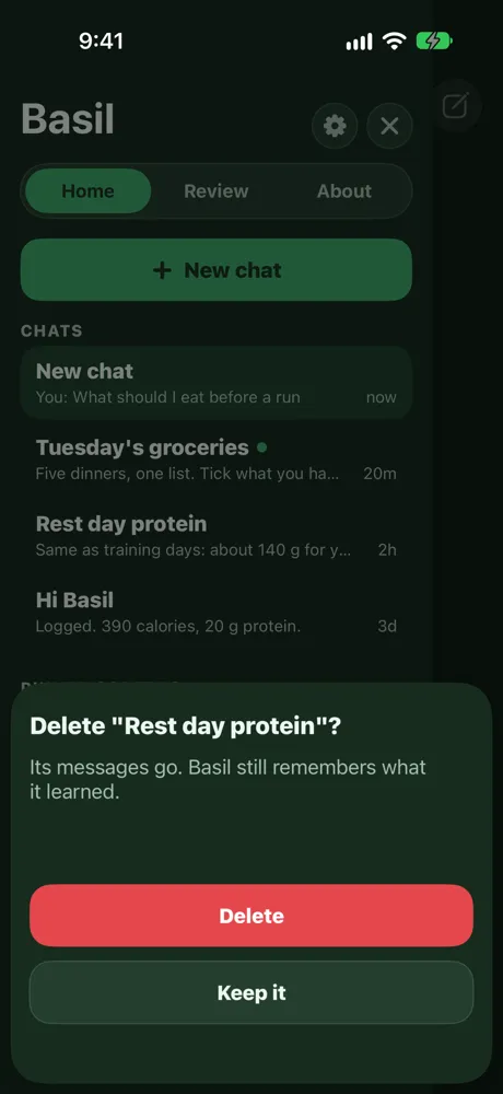 Dark mode, in the app: the delete sheet, Delete Rest day protein? Its messages go. Basil still remembers what it learned. Delete and Keep it