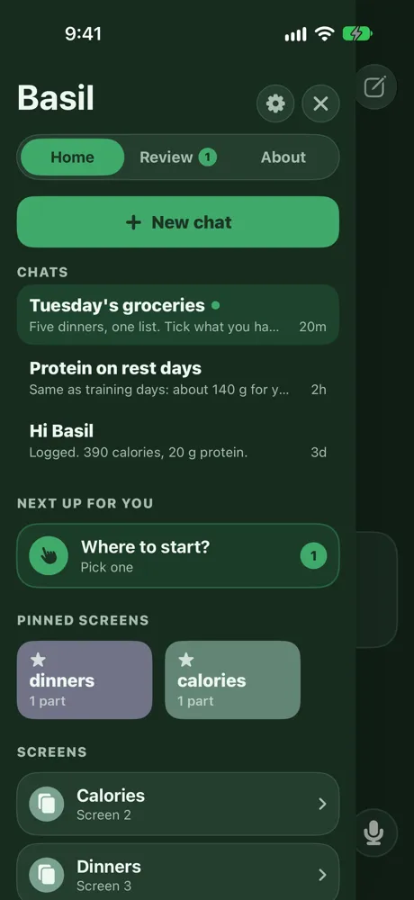 Dark mode: the drawer with a New chat button and three chats newest first.