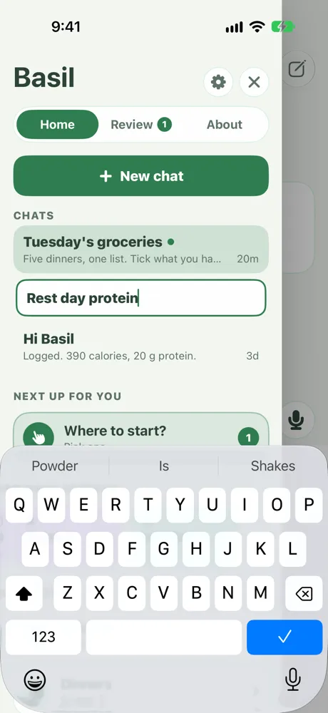 Light mode, in the app: renaming a chat in place, the text field reads Rest day protein