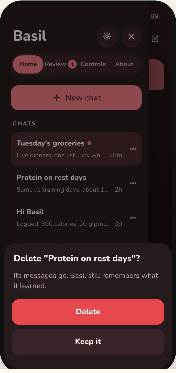 Dark mock of the delete sheet: Delete 'Protein on rest days'? Its messages go. Basil still remembers what it learned. Delete and Keep it
