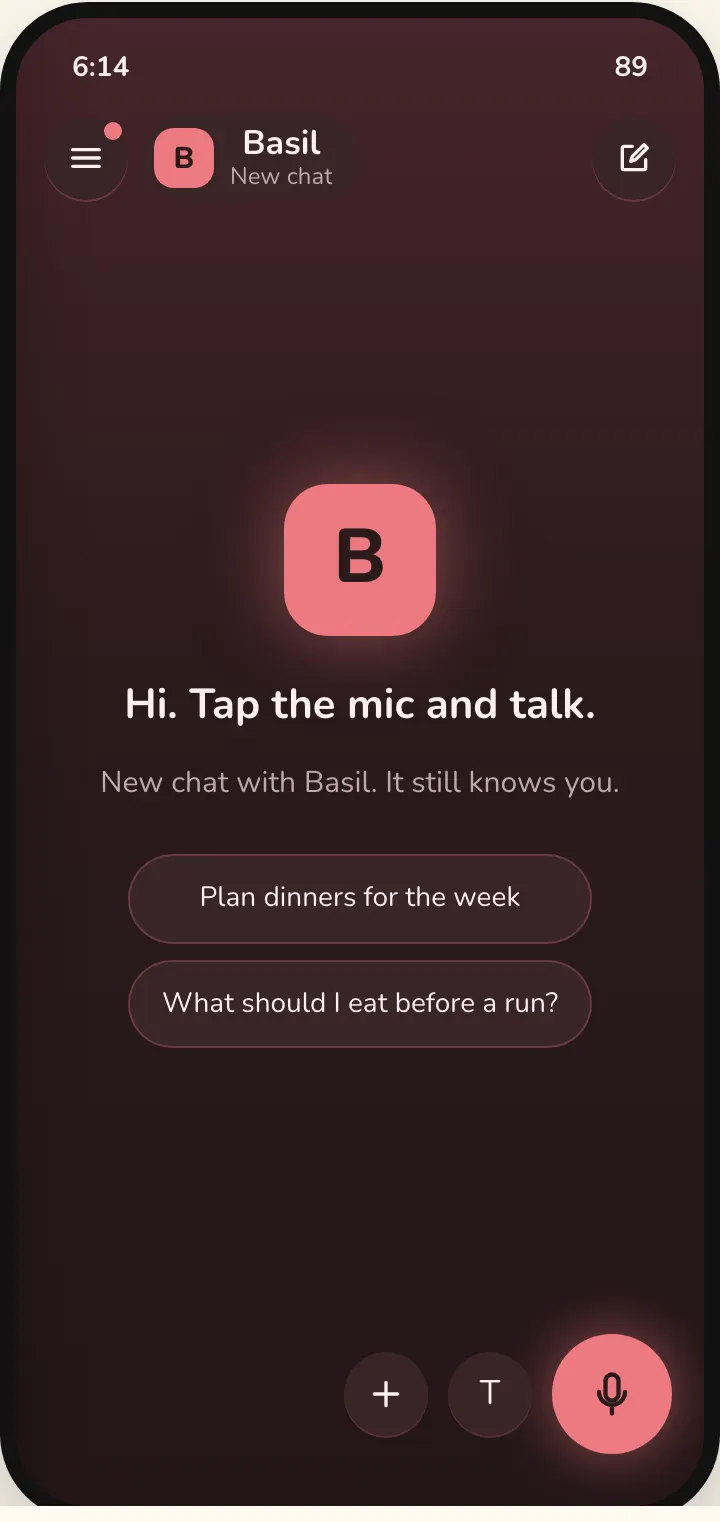 Dark mock of a new, empty chat: Basil's face, Hi. Tap the mic and talk., and two starter asks