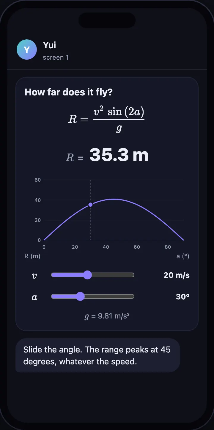 A projectile calculator: an equation, a live curve and two sliders