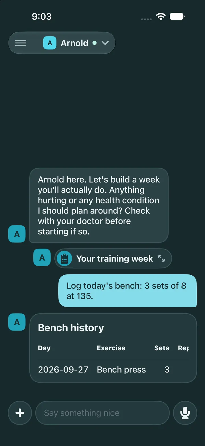 Dark mode: Arnold logs today's bench, 3 sets of 8 at 135, and shows it as a row in a Bench history table.