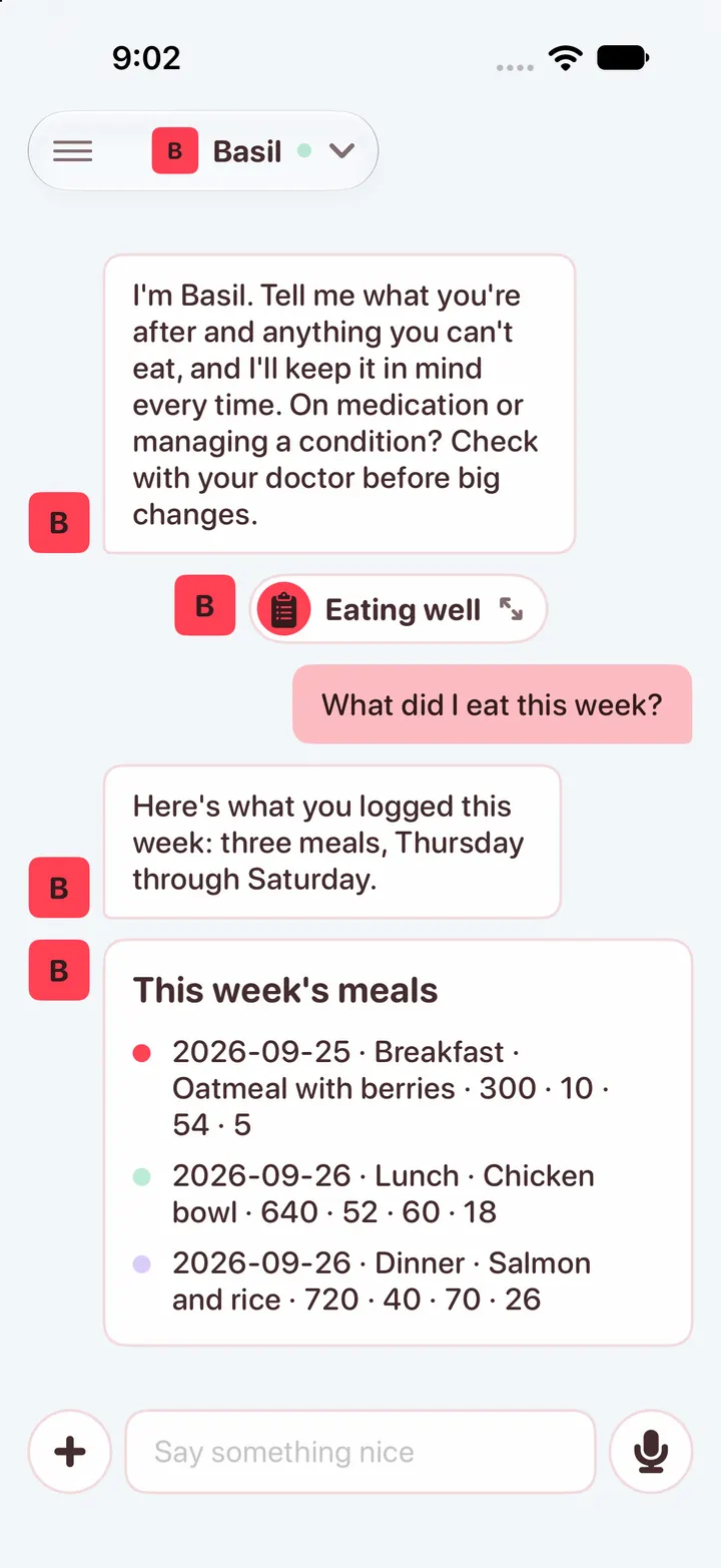 Basil answers What did I eat this week? with a list of three logged meals and their calories and macros.