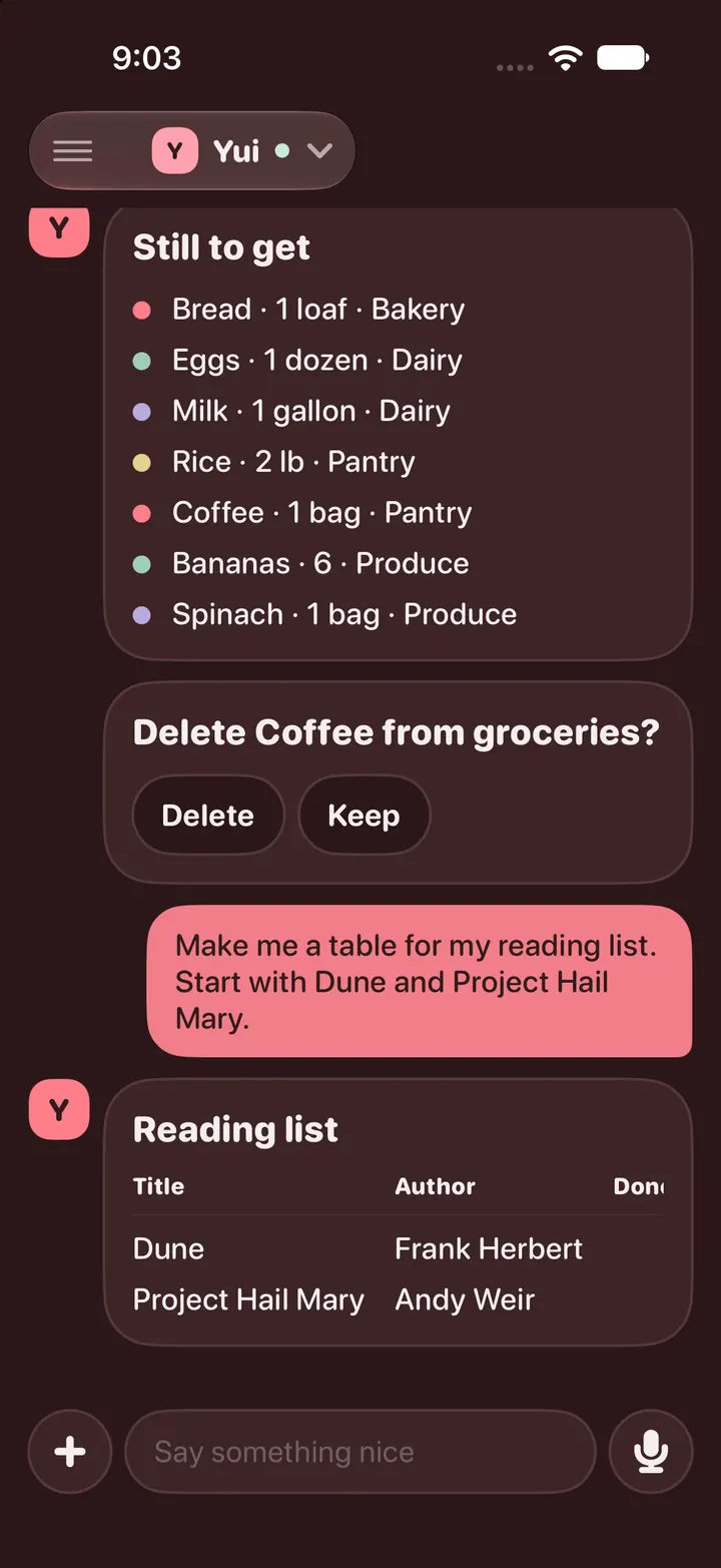Dark mode: Yui's Still to get grocery list with milk added, then the Delete or Keep ask for coffee.