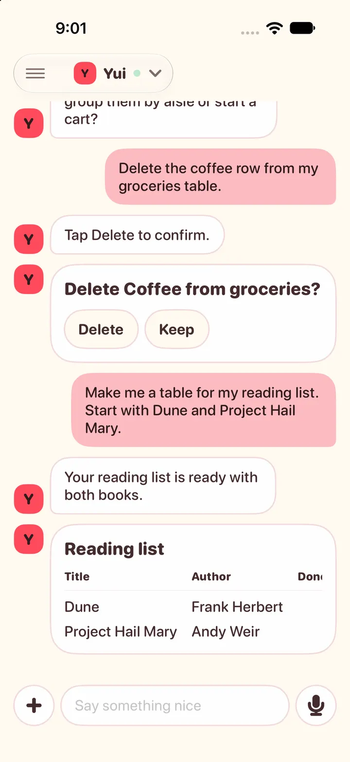 Yui's thread: asked to delete the coffee row, Yui shows Delete Coffee from groceries? with Delete and Keep buttons, then makes a new Reading list table with Dune and Project Hail Mary.