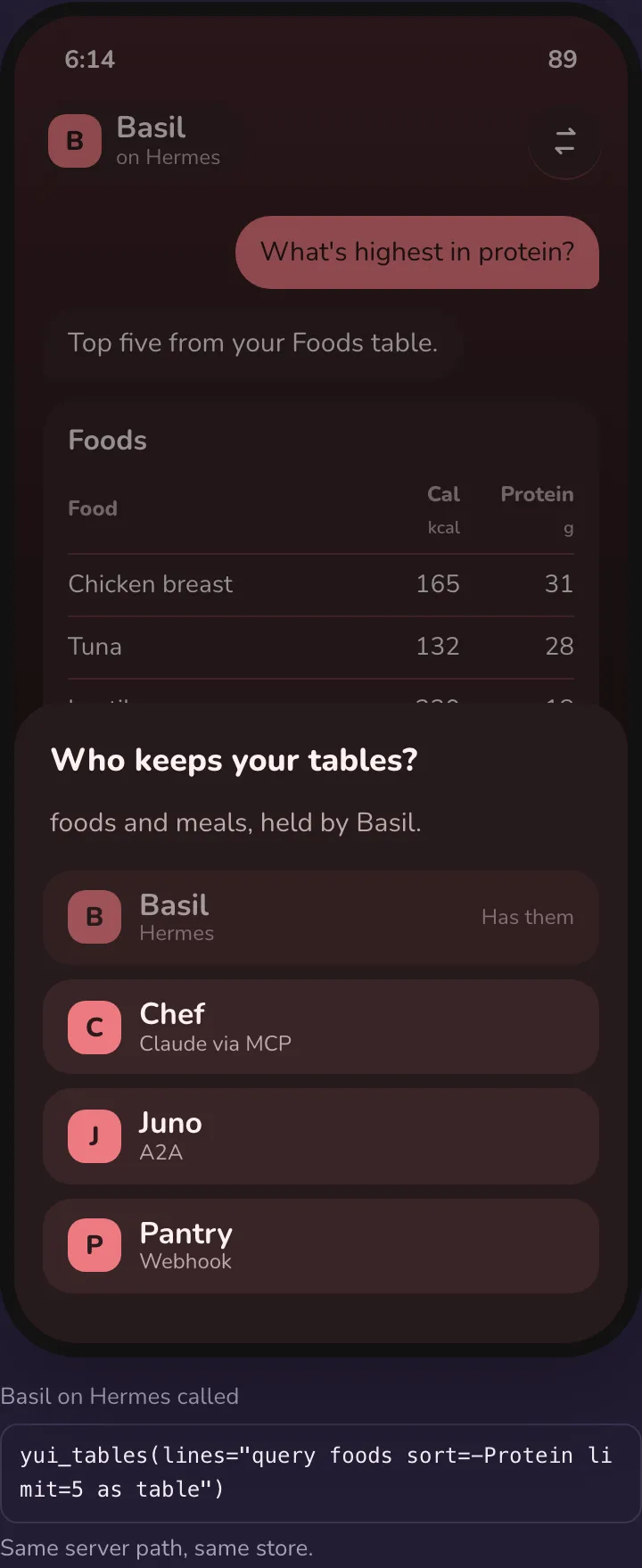 The Who keeps your tables? sheet: Basil on Hermes has them, and Chef on Claude via MCP, Juno on A2A and Pantry on a webhook are one tap away.