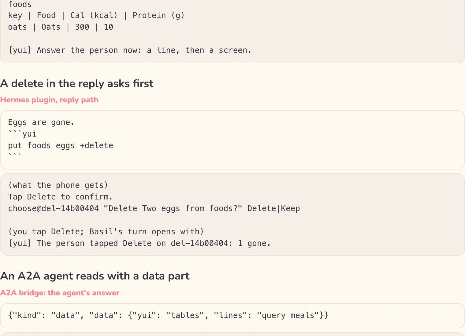 In the reply: Basil writes table create, put and query lines under Logged your breakfast, and the phone gets the words and a Foods table with Two eggs and Oats. Under it, a reply that only reads sends the rows back to Basil as his next turn.