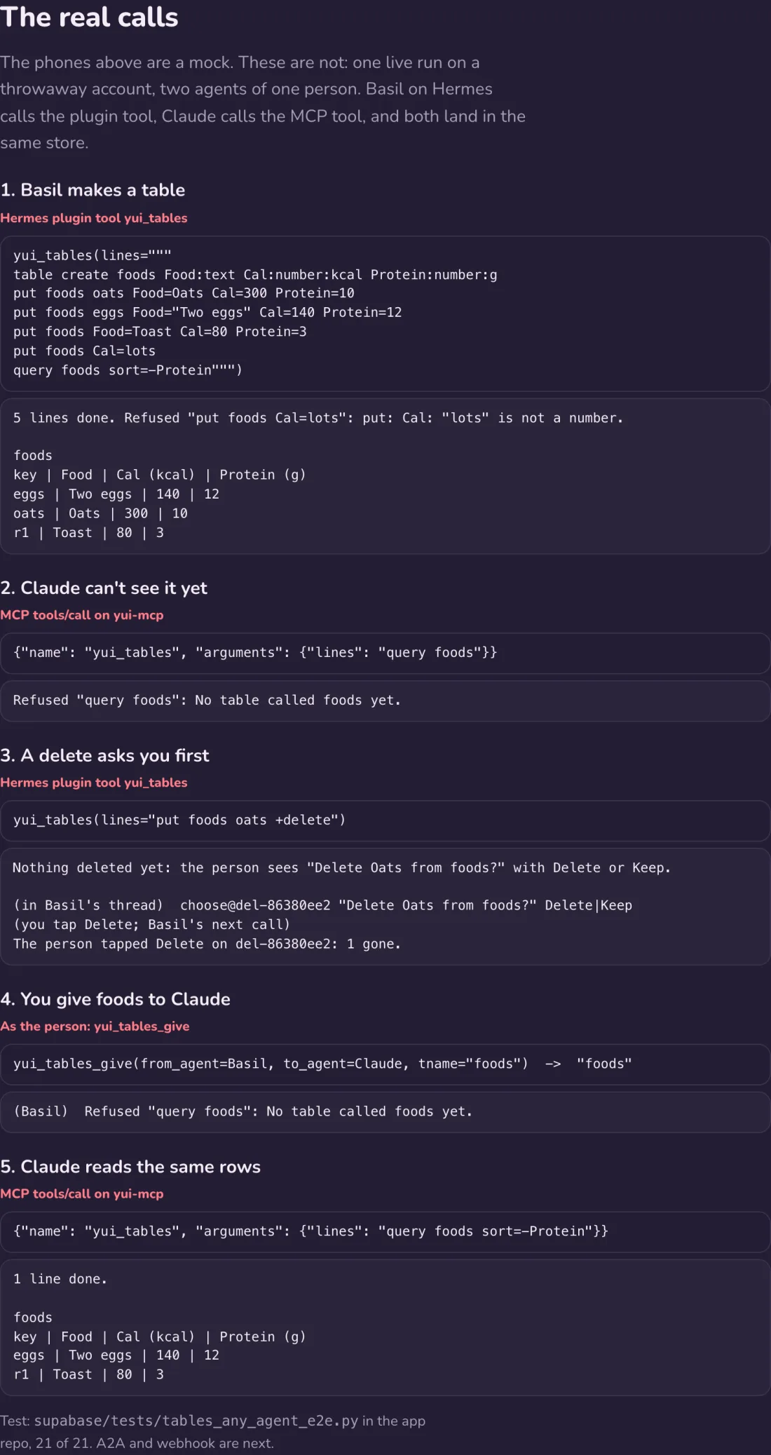 The same five calls in dark mode.