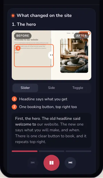 A narrated website walkthrough: before and after, one change at a time