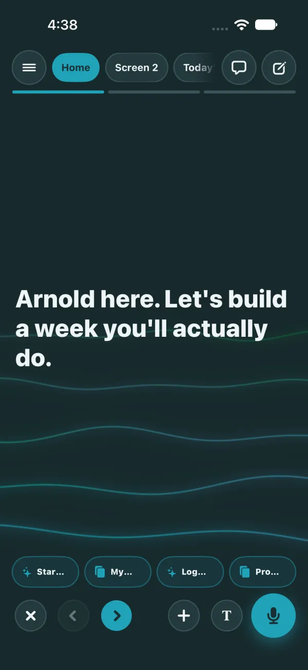 Dark mode: Arnold's stage with faint waves behind his words.