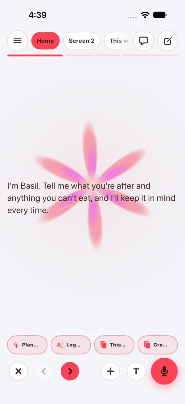 Light mode: Basil's home with his own quiet bloom behind his shortcuts, barely there