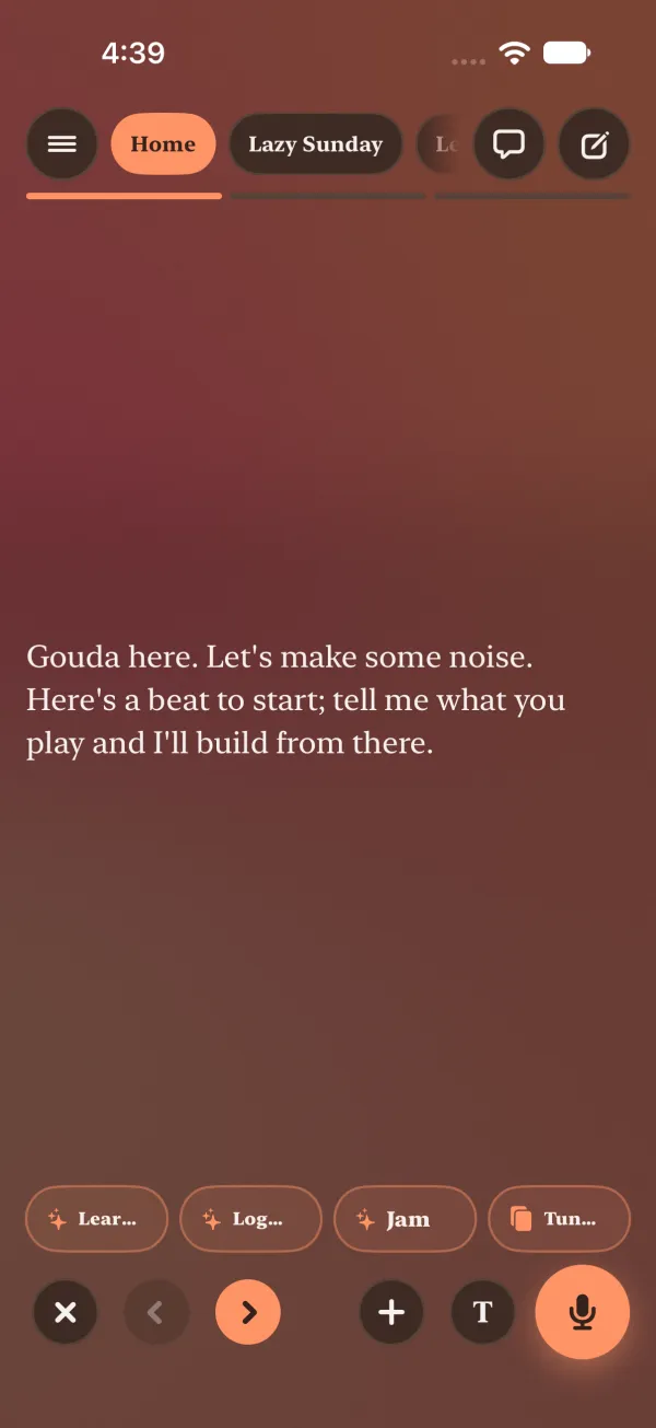 Dark mode: Gouda's stage with quiet grain.