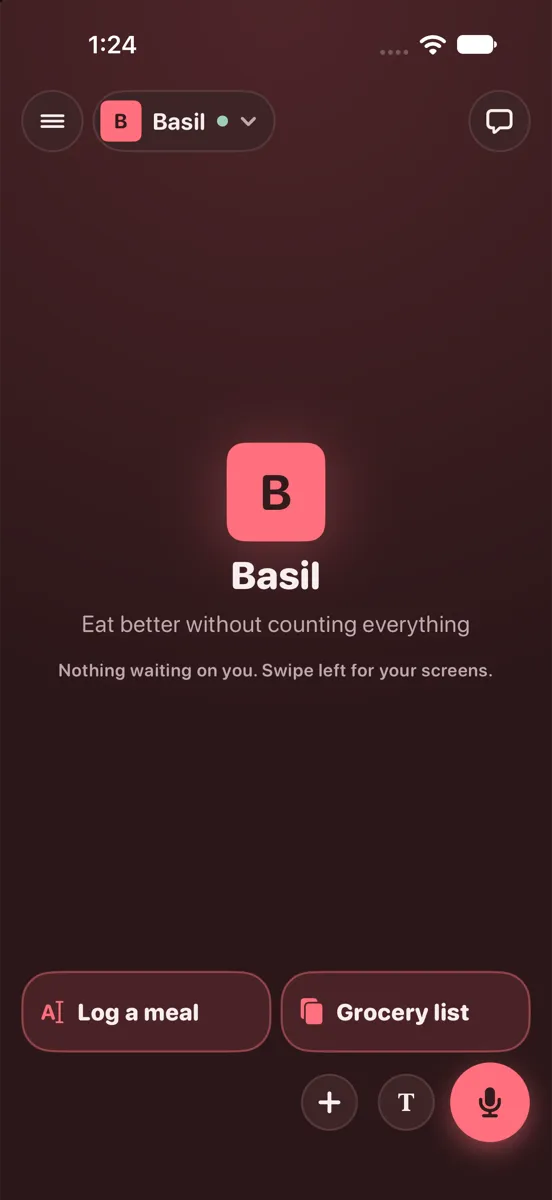 Switched to Basil in dark mode: his home, Log a meal and Grocery list, no crash