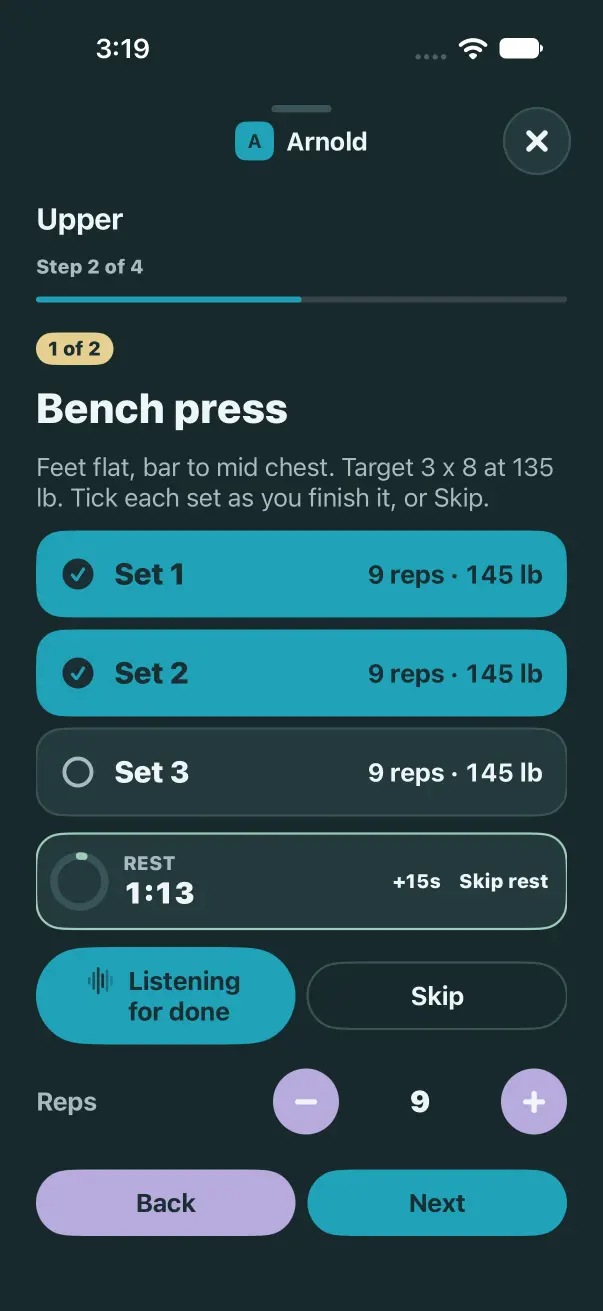 Dark mode: saying done ticked set 2 and the rest started again
