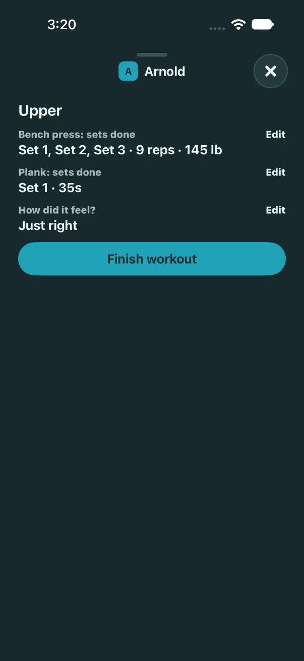 The review before Finish workout: each move's sets, reps and weight, and how it felt