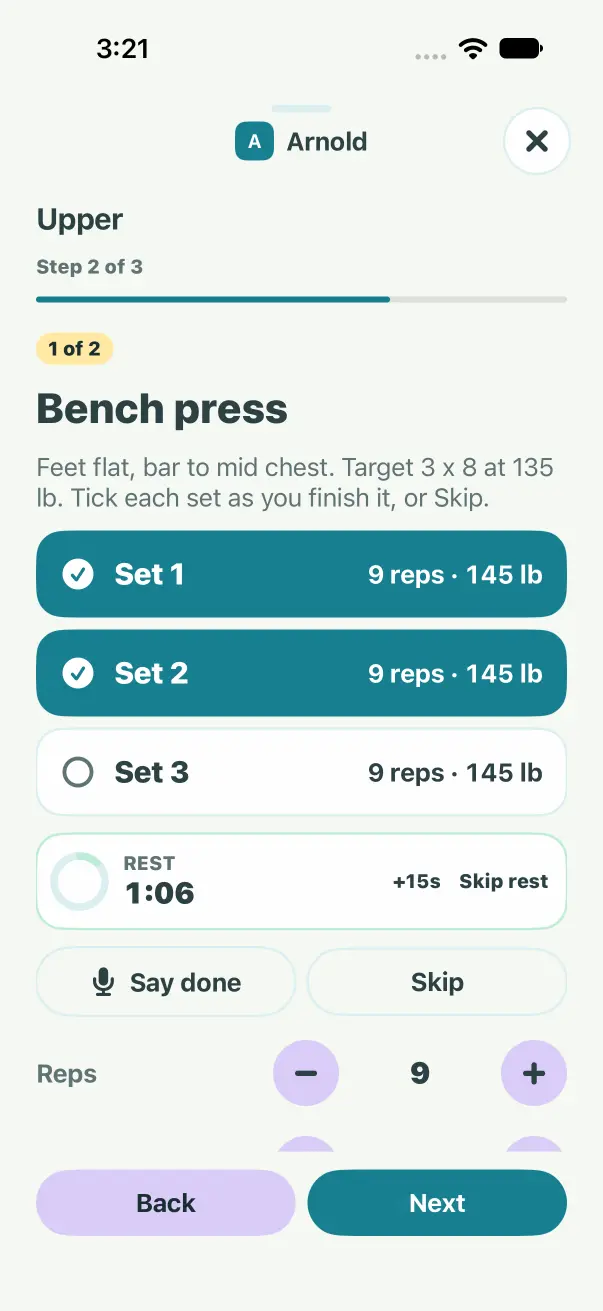 After the app was killed and opened again: the same move, the same sets ticked