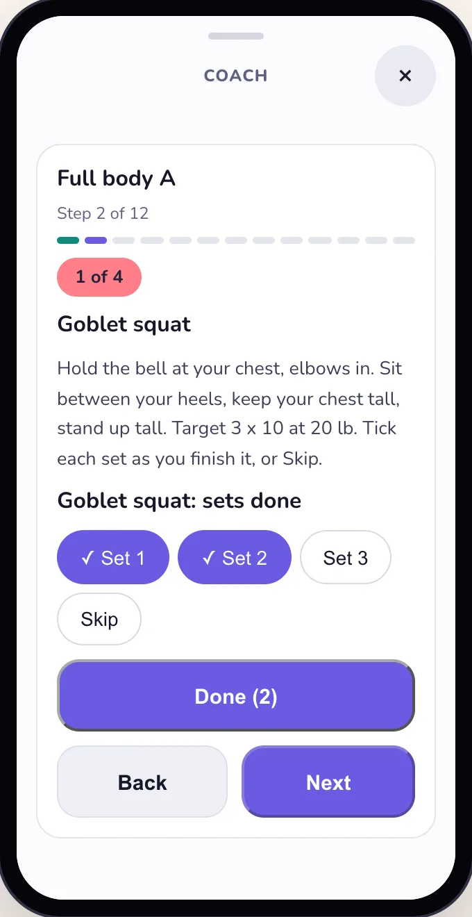 Light mode: the workout runner, one move on the page with its sets to tick and the rest timer under it