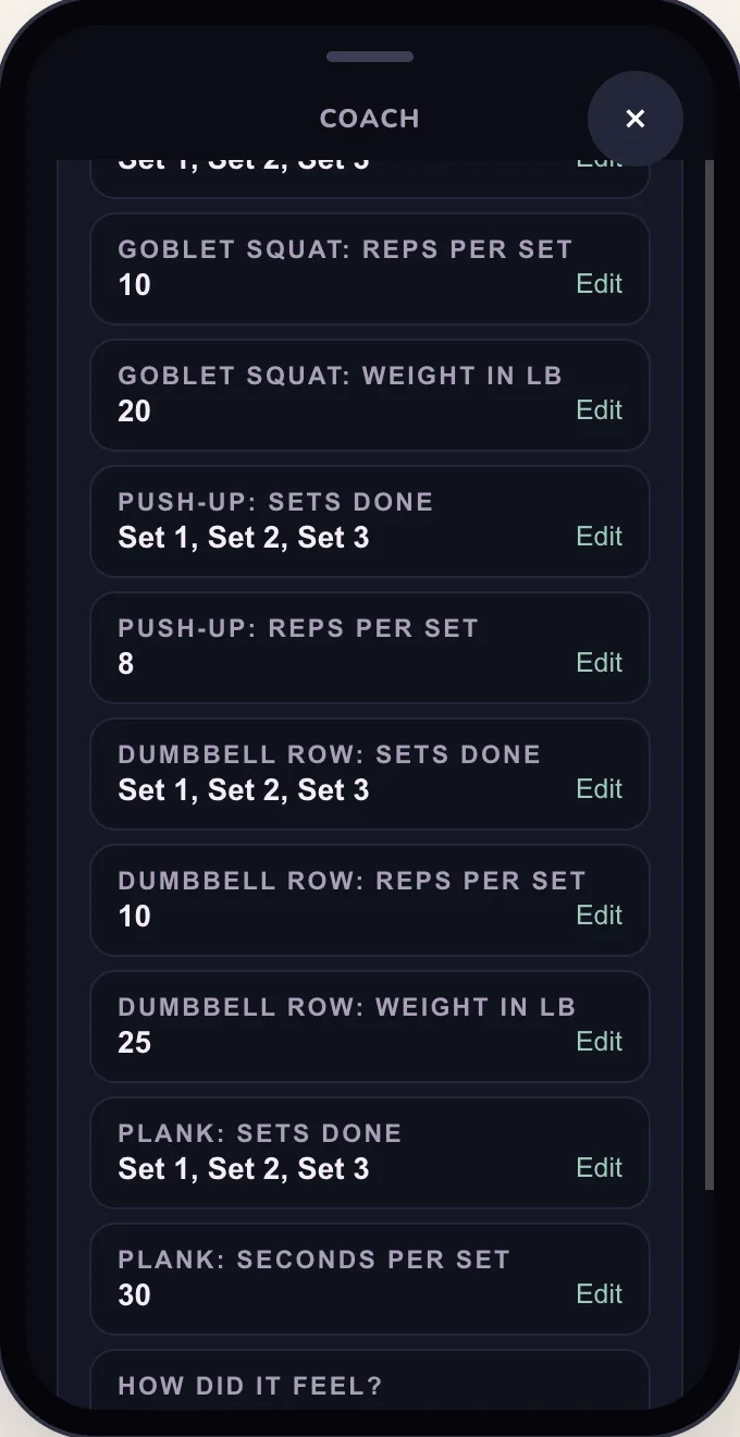 The review before Finish: sets done, reps and weight for every move