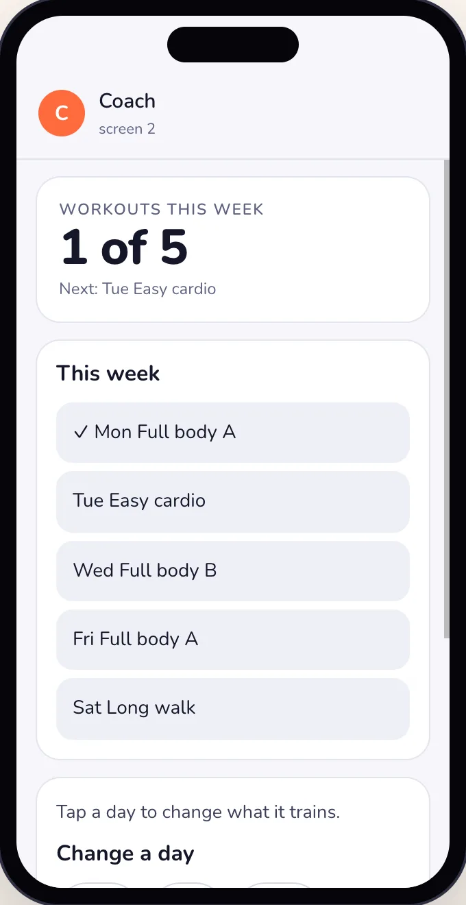 This week: 1 of 5 workouts, Monday checked, and Change a day