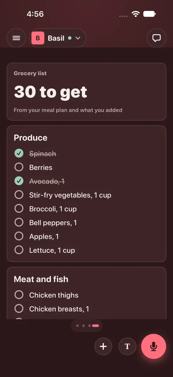 After the app was killed and opened again: the grocery list, 30 to get, Spinach and Avocado still ticked under Produce