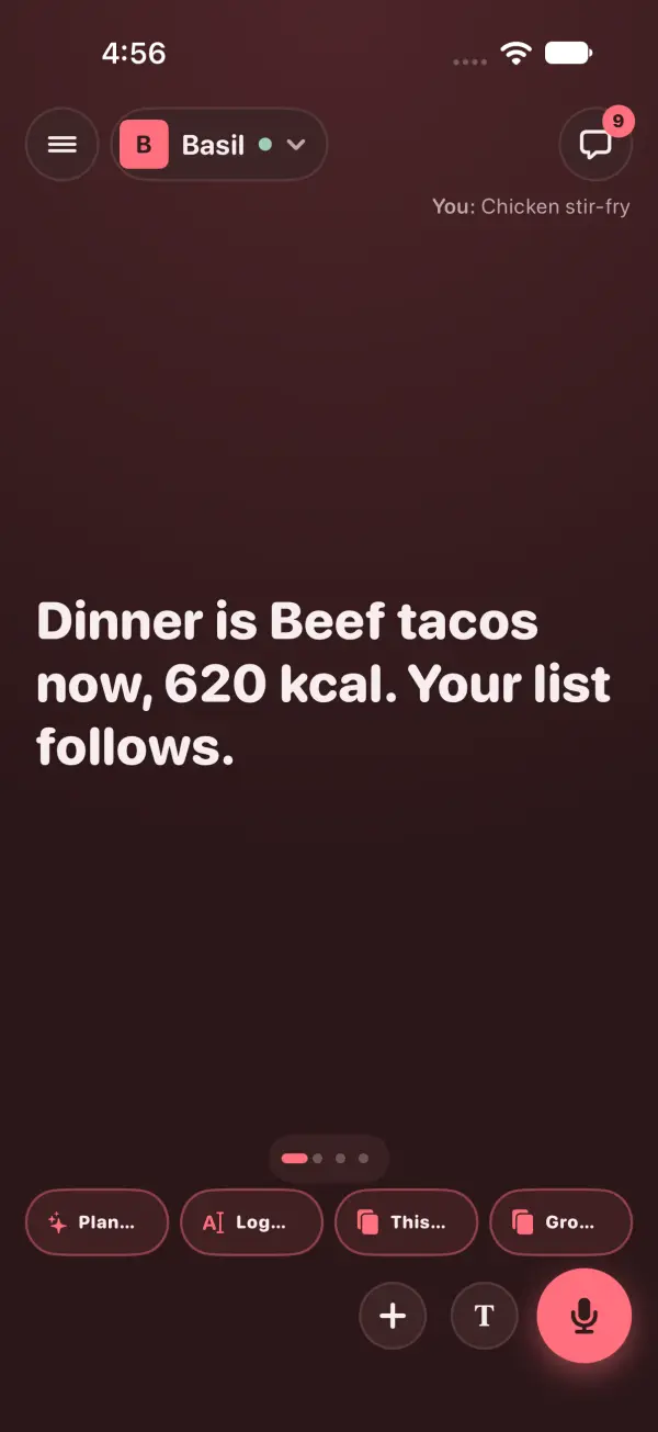 Dark mode: one tap on Chicken stir-fry and Basil answers, Dinner is Beef tacos now, 620 kcal