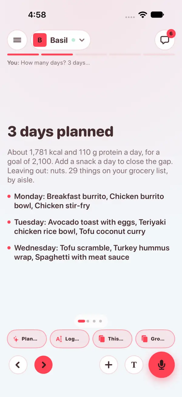3 days planned: about 1,781 kcal and 110 g protein a day for a goal of 2,100, then Monday to Wednesday's meals
