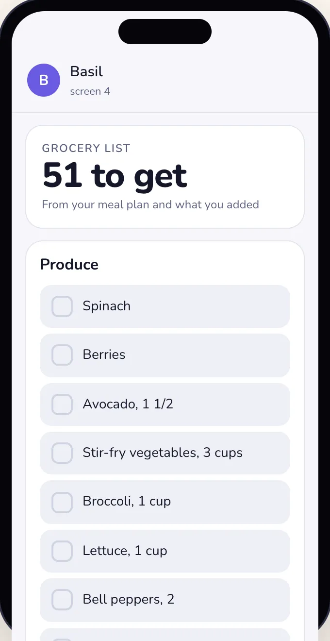 The grocery list with oat milk ticked on, and a Share button above it