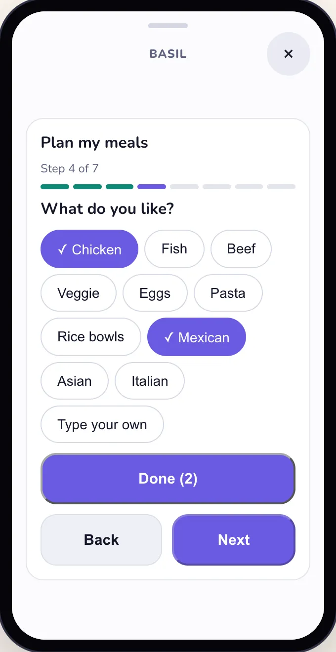 Plan my meals, step 4 of 7: What do you like? with Chicken and Mexican picked