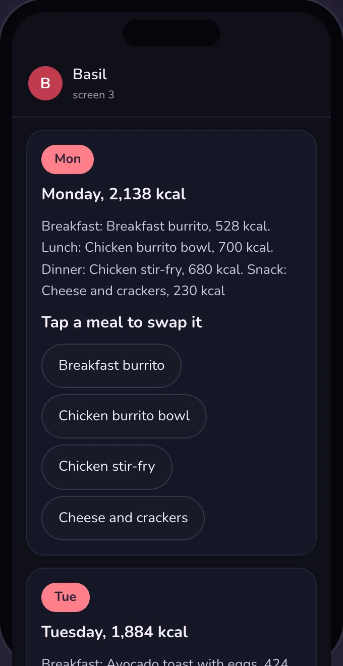 Basil's meals, groceries and a swap