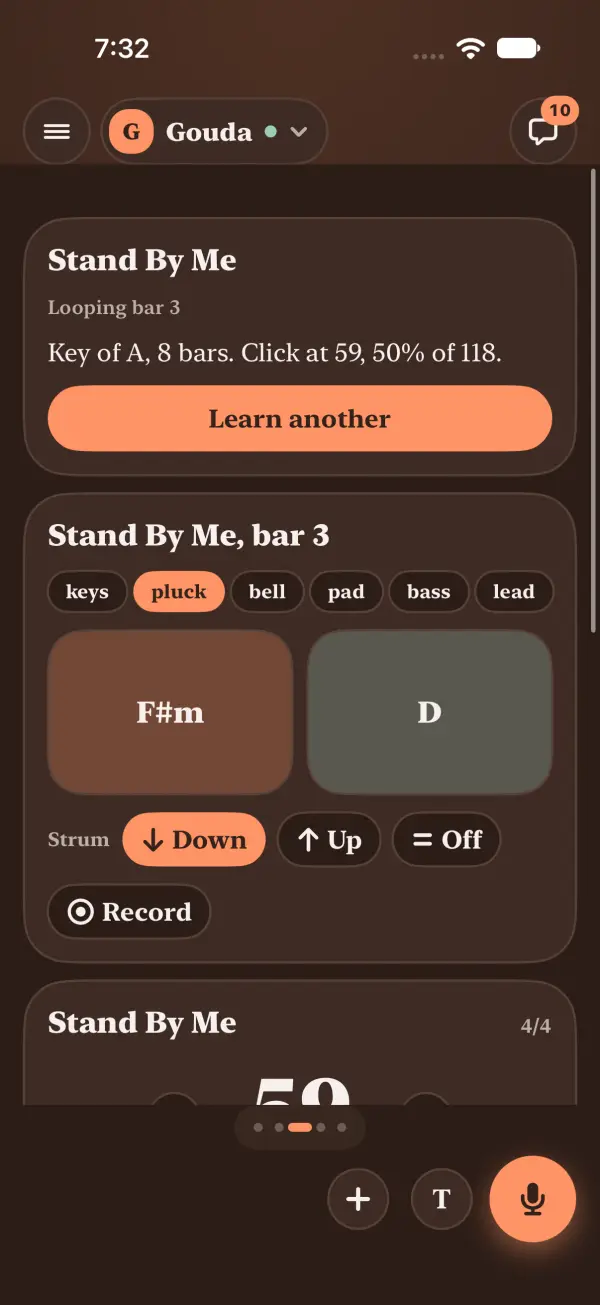 Dark mode: looping bar 3 at half speed, the buttons are now F#m and D