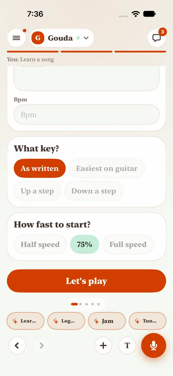 Learn a song on one screen: what key, as written, and how fast to start, 75% picked, then Let's play