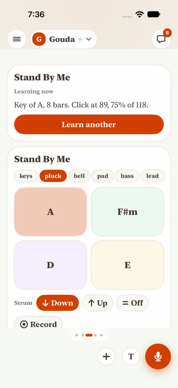 Stand By Me in A: the click at 89, 75% of 118, and A, F#m, D and E on big buttons