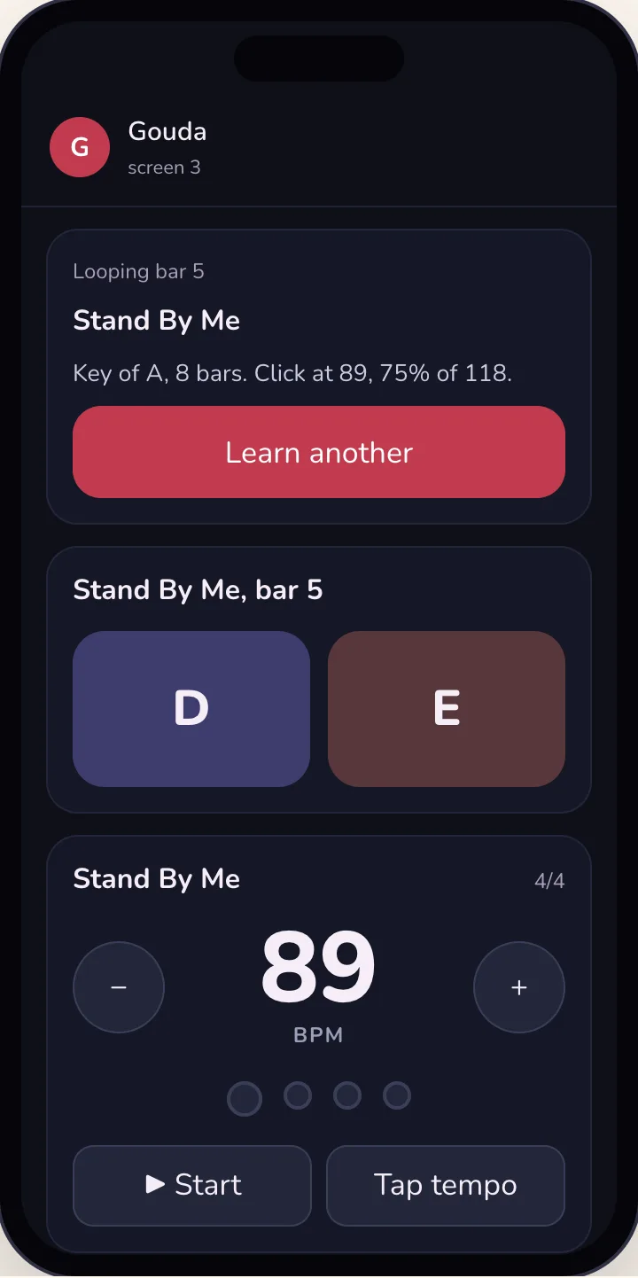 Gouda's Chords page: Stand By Me looping bar 5 on D and E buttons, the click at 89