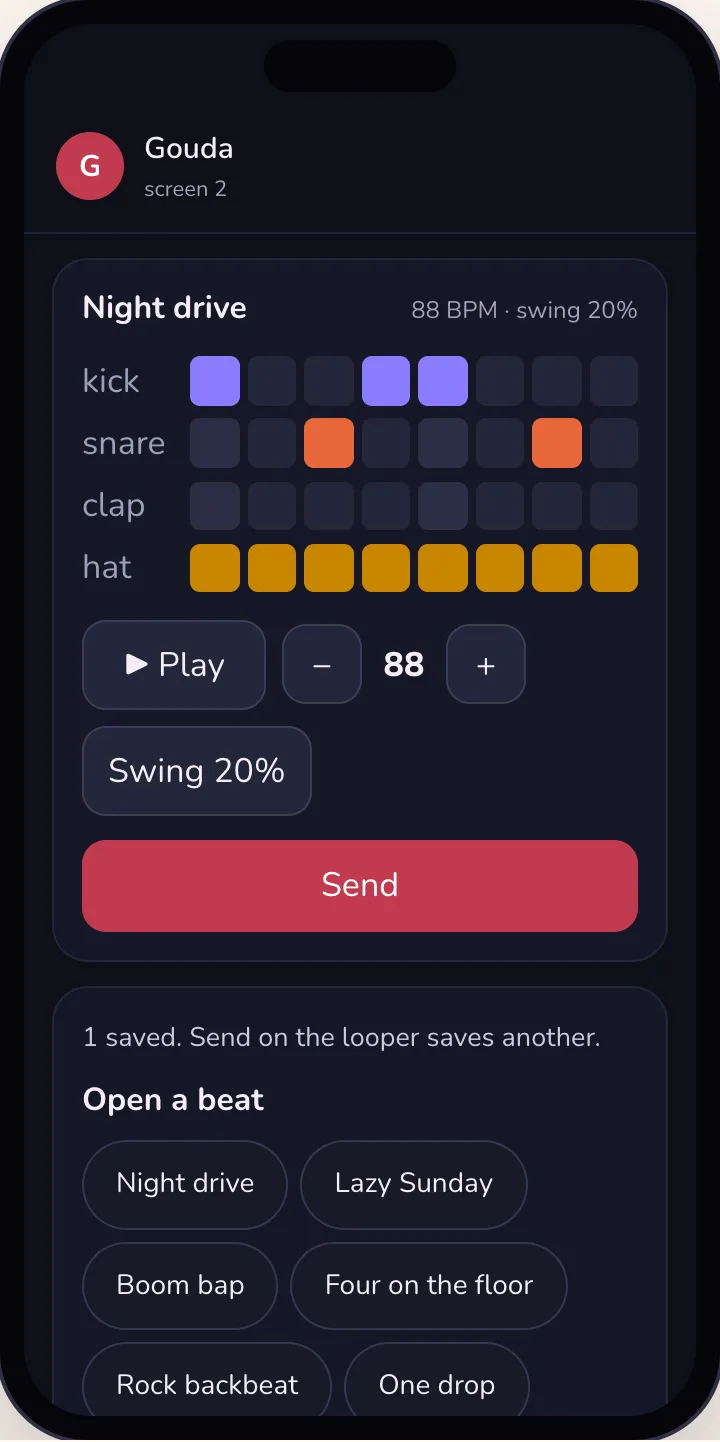 The Looper with a saved beat, Night drive, and Open a beat with every session